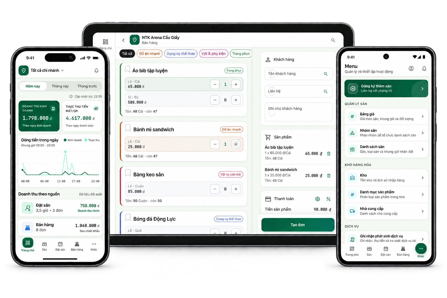 Minh họa SPM: Dashboard trên iPhone, tạo đơn bán hàng trên tablet và thiết lập trên Android